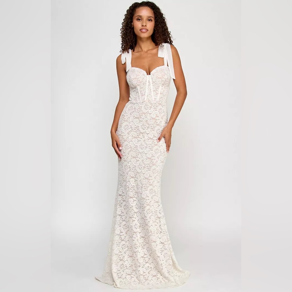 White Sparkly Lace Corset Sweetheart Neckline Tie Lace Up Back Wedding Dress- XS